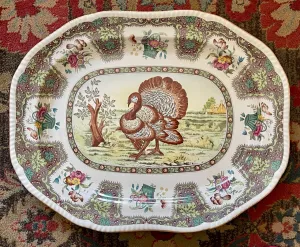 HUGE Vintage Spode Upland Polychrome Transferware Turkey Platter 23"