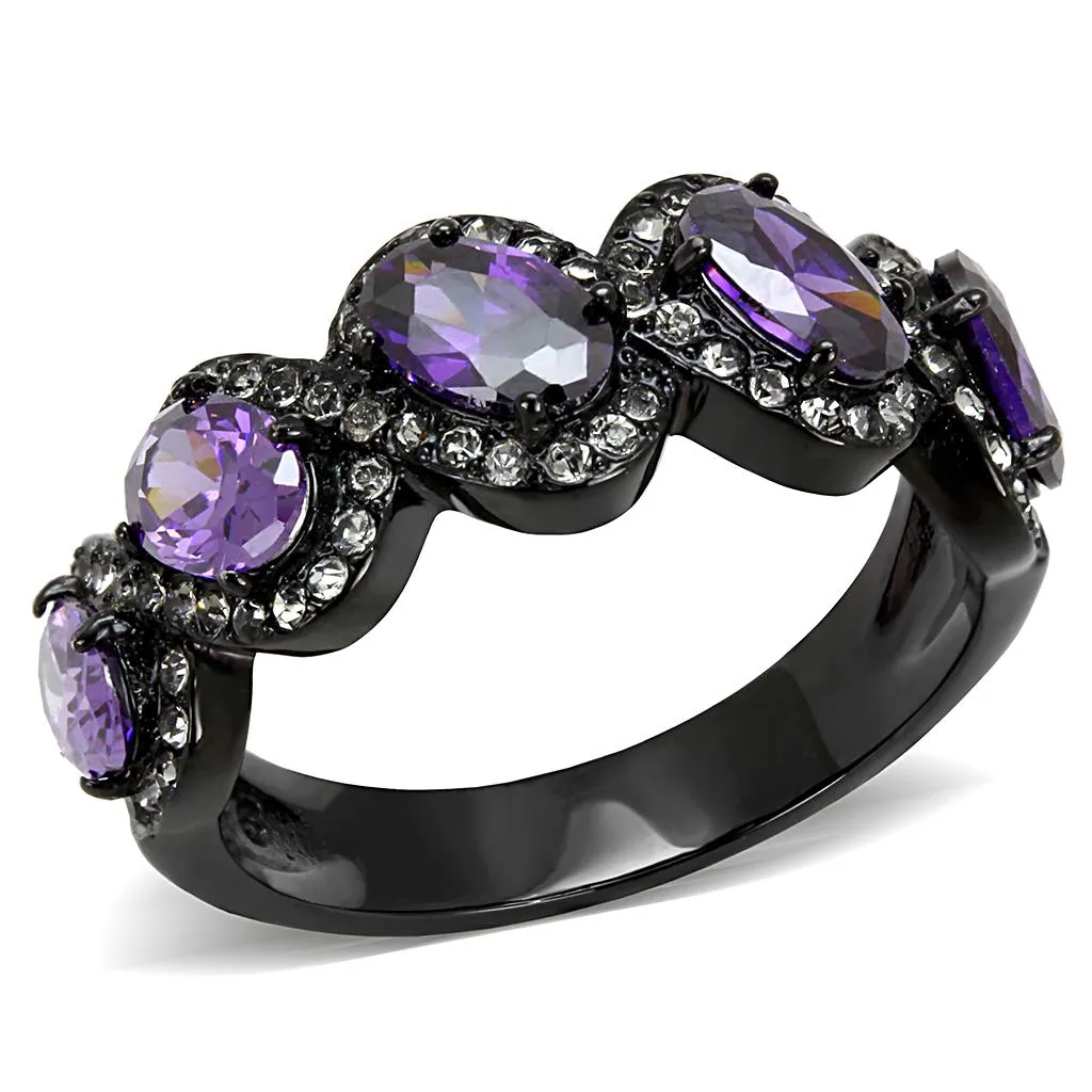 IP Black(Ion Plating) Stainless Steel Ring with AAA Grade CZ in Amethyst for Women Style TK3051