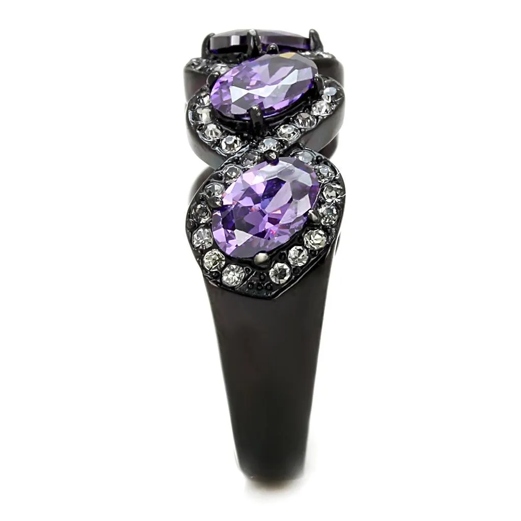 IP Black(Ion Plating) Stainless Steel Ring with AAA Grade CZ in Amethyst for Women Style TK3051