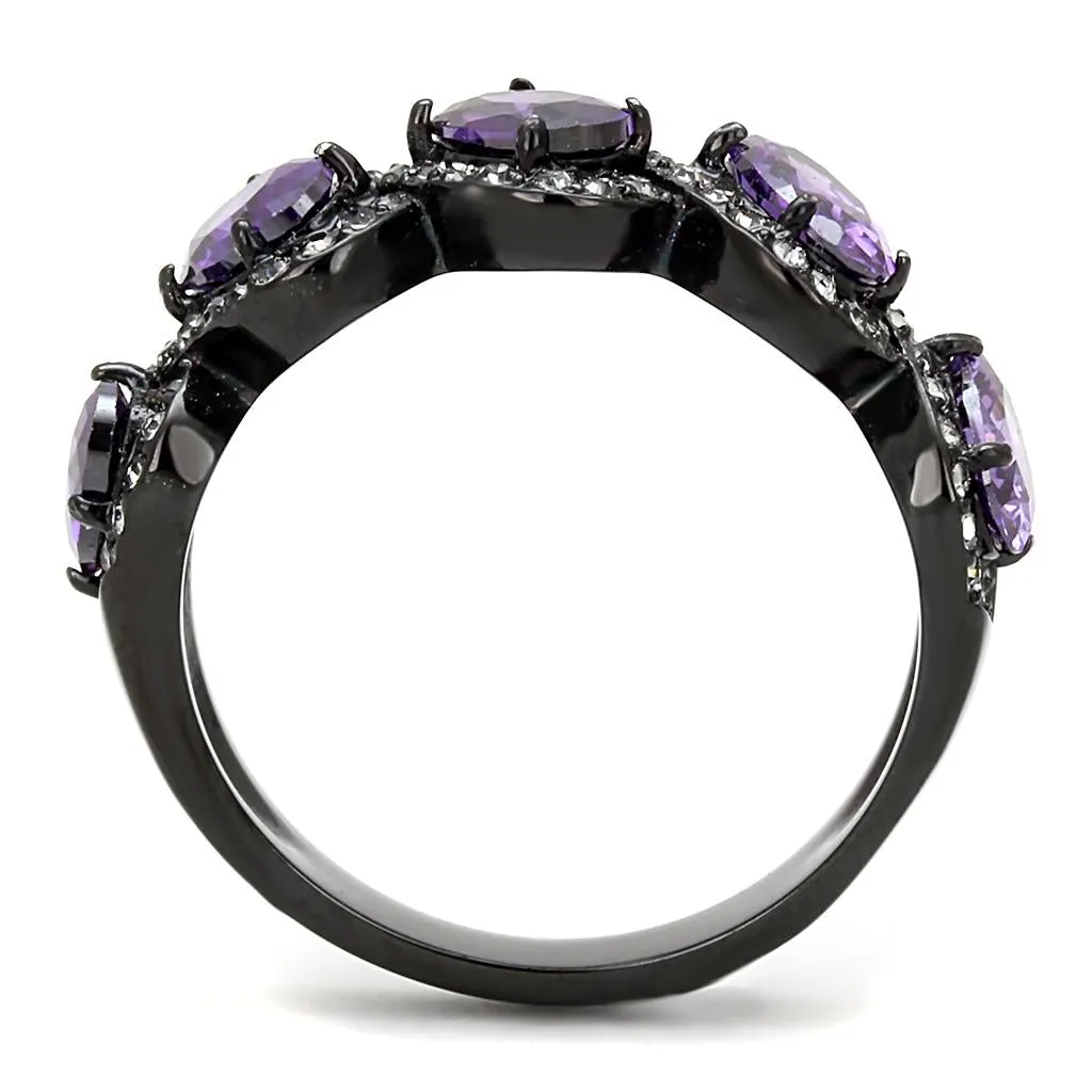 IP Black(Ion Plating) Stainless Steel Ring with AAA Grade CZ in Amethyst for Women Style TK3051