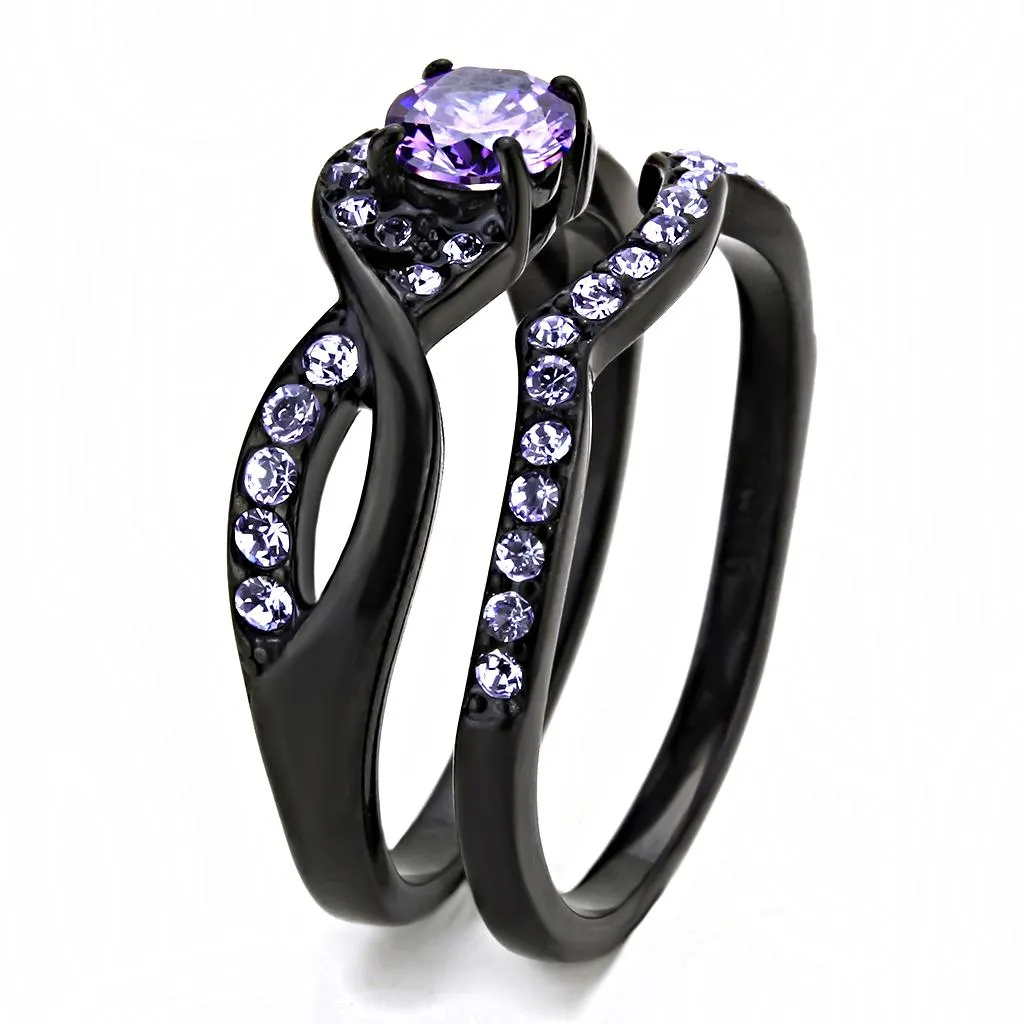 IP Black(Ion Plating) Stainless Steel Ring with AAA Grade CZ in Amethyst for Women Style TK3560