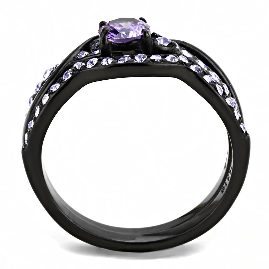 IP Black(Ion Plating) Stainless Steel Ring with AAA Grade CZ in Amethyst for Women Style TK3560