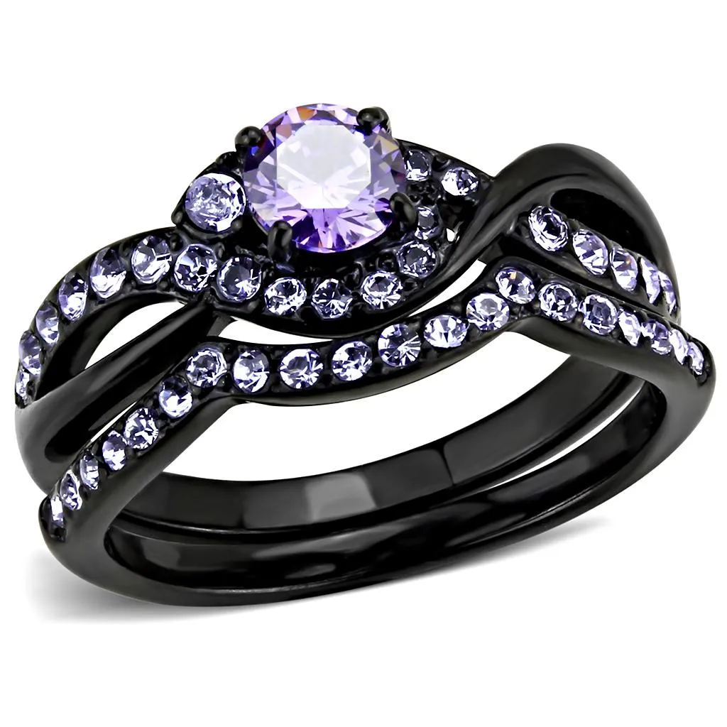 IP Black(Ion Plating) Stainless Steel Ring with AAA Grade CZ in Amethyst for Women Style TK3560