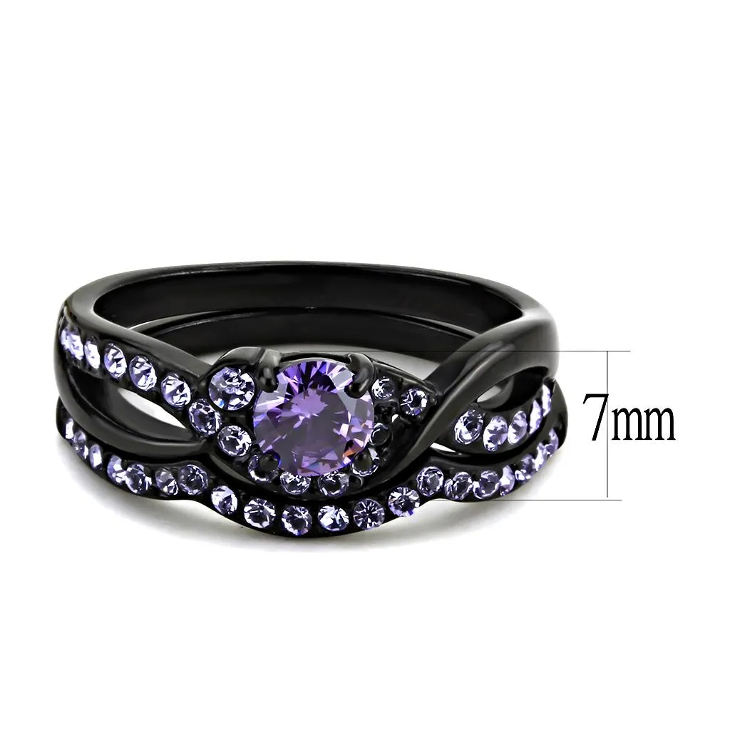 IP Black(Ion Plating) Stainless Steel Ring with AAA Grade CZ in Amethyst for Women Style TK3560