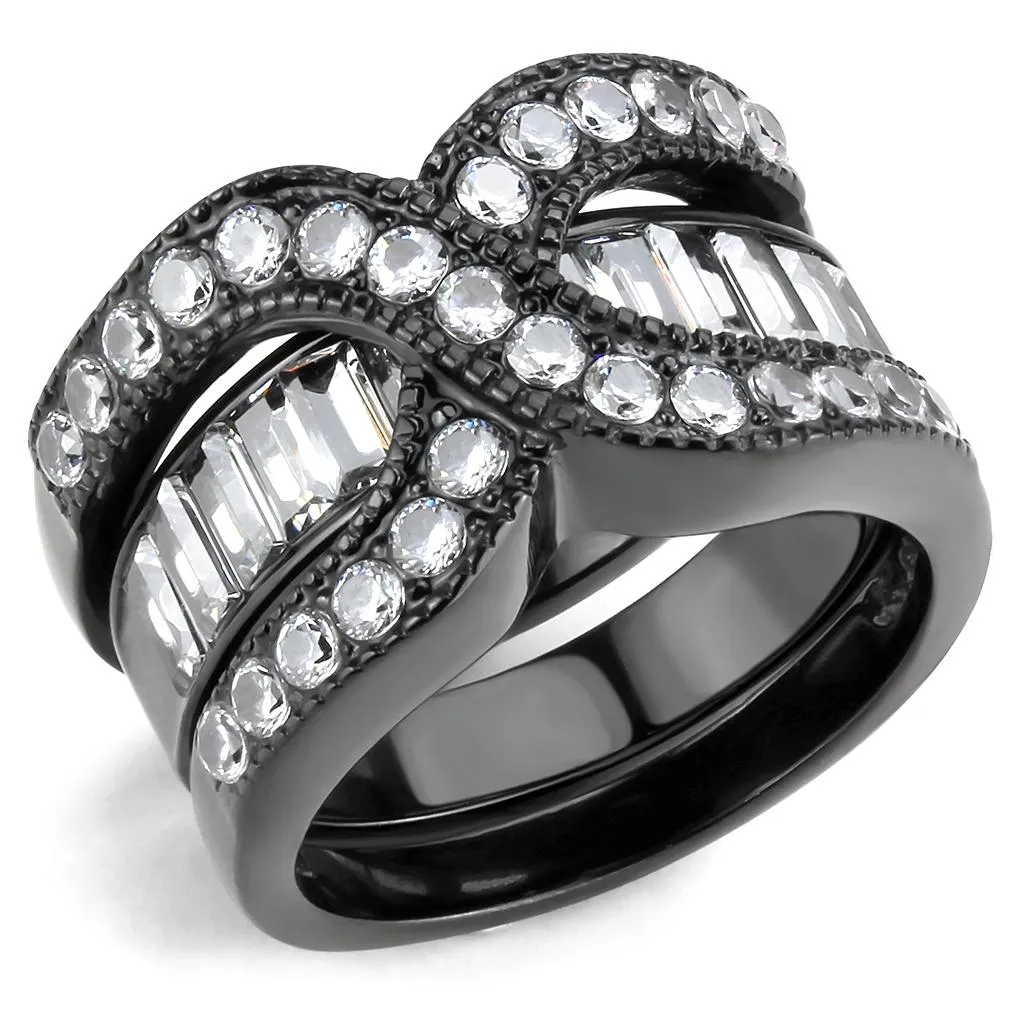 IP Black(Ion Plating) Stainless Steel Ring with AAA Grade CZ in Clear for Women Style TK3694