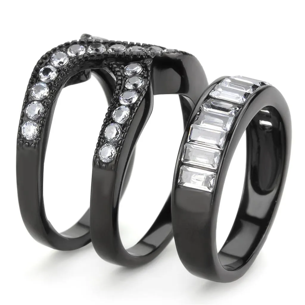 IP Black(Ion Plating) Stainless Steel Ring with AAA Grade CZ in Clear for Women Style TK3694