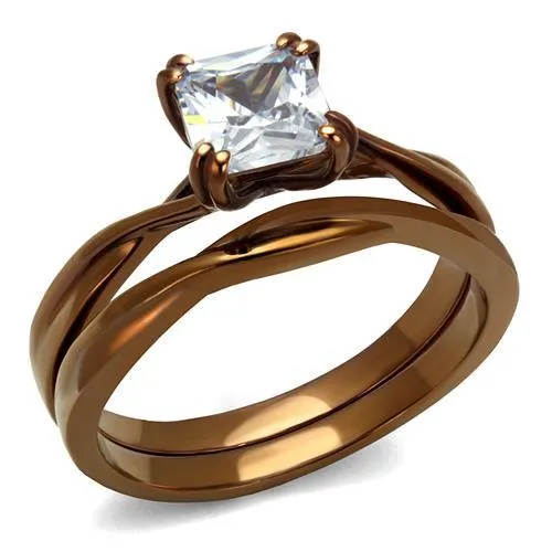 IP Coffee light Stainless Steel Ring with AAA Grade CZ in Clear for Women Style TK2964