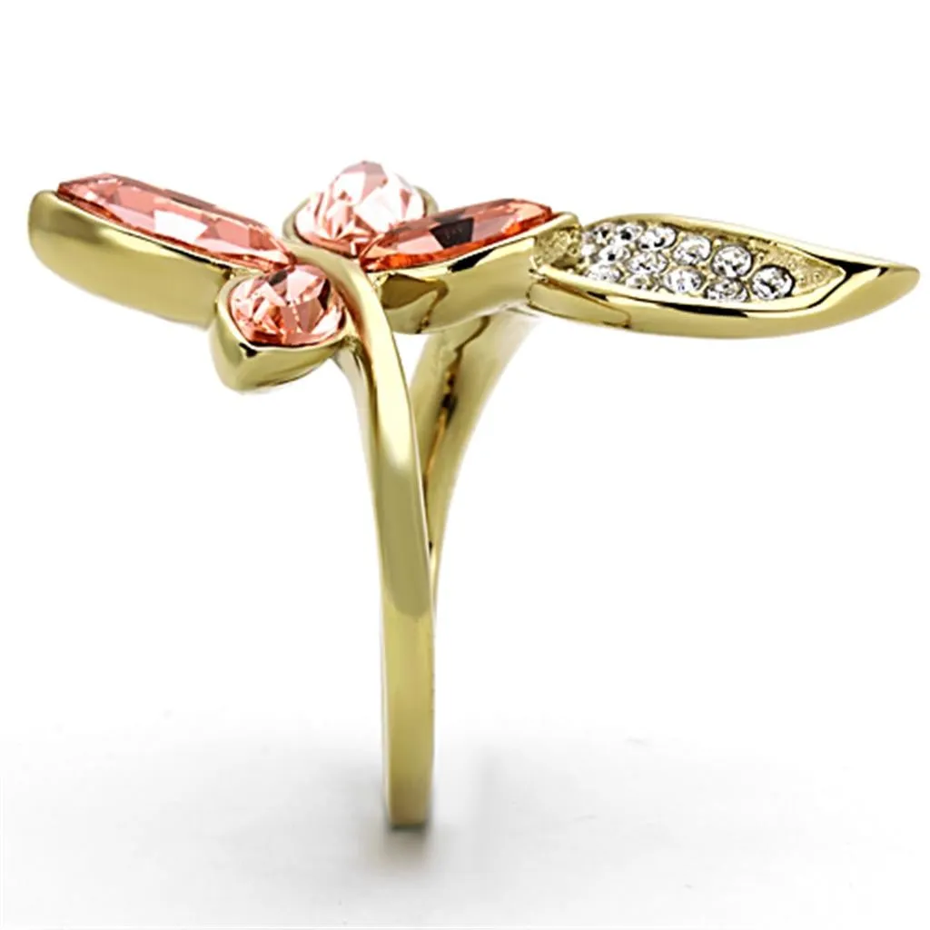 IP Gold(Ion Plating) Stainless Steel Ring with Top Grade Crystal in Light Peach for Women Style TK1288