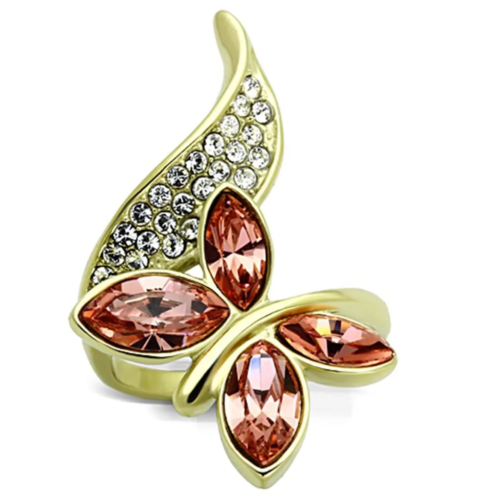 IP Gold(Ion Plating) Stainless Steel Ring with Top Grade Crystal in Light Peach for Women Style TK1288