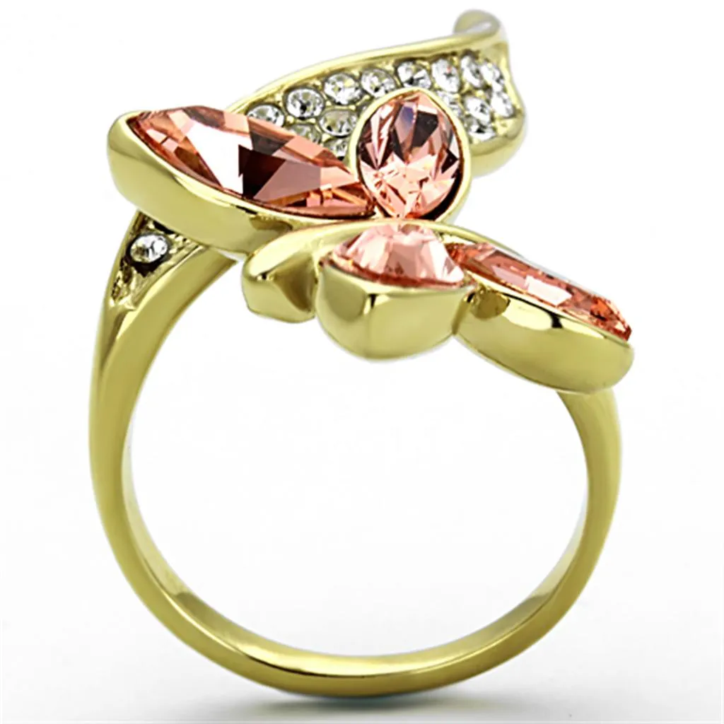 IP Gold(Ion Plating) Stainless Steel Ring with Top Grade Crystal in Light Peach for Women Style TK1288