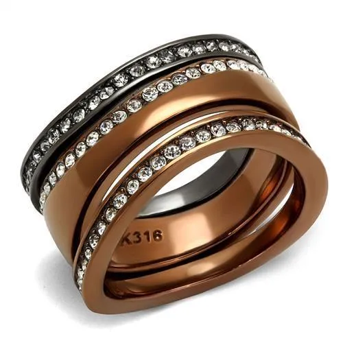 IP Light Black & IP Light coffee Stainless Steel Ring with Top Grade Crystal in Black Diamond for Women Style TK3082