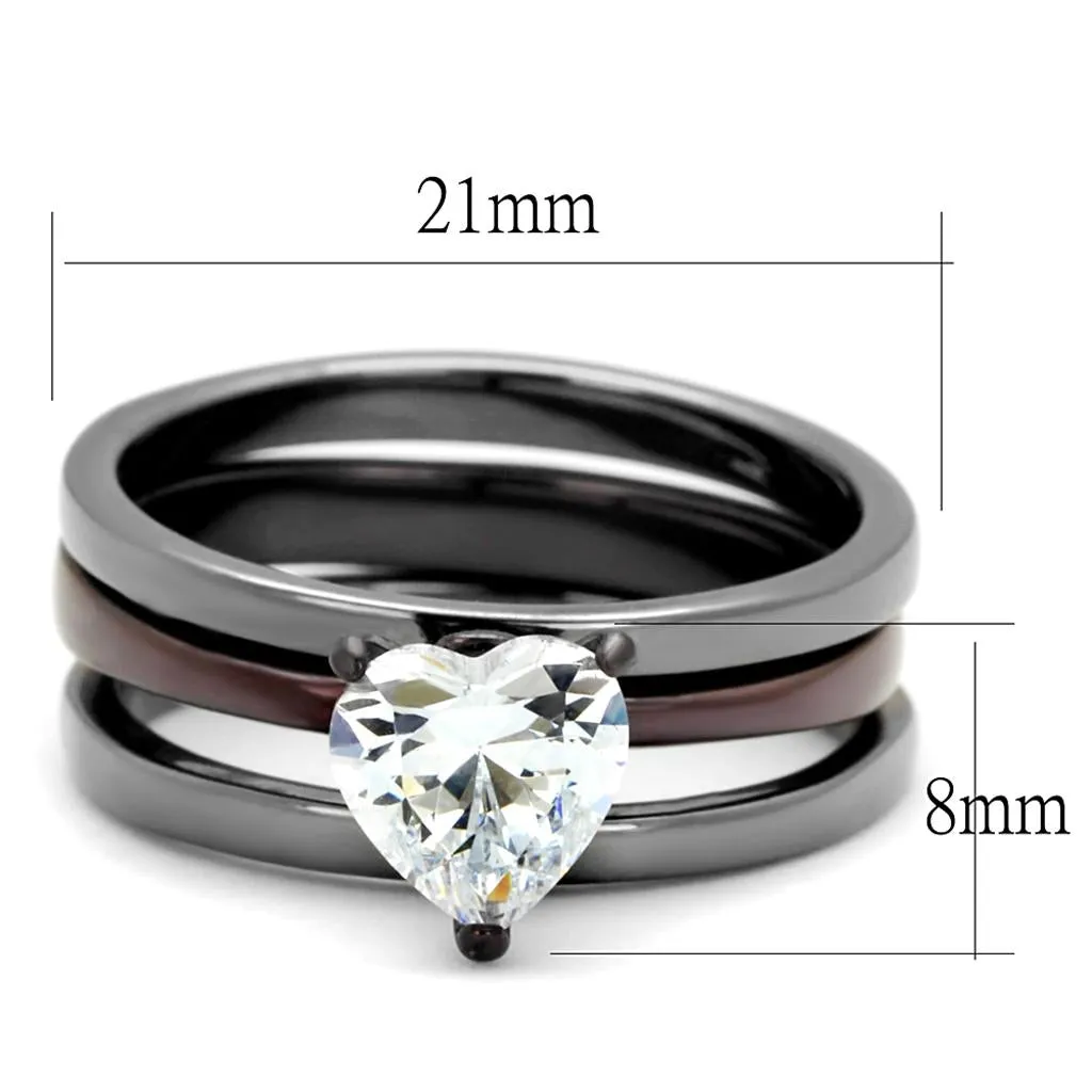 IP Light Black (IP Gun) & IP Dark Brown (IP coffee) Stainless Steel Ring with AAA Grade CZ in Clear for Women Style TK1274DC