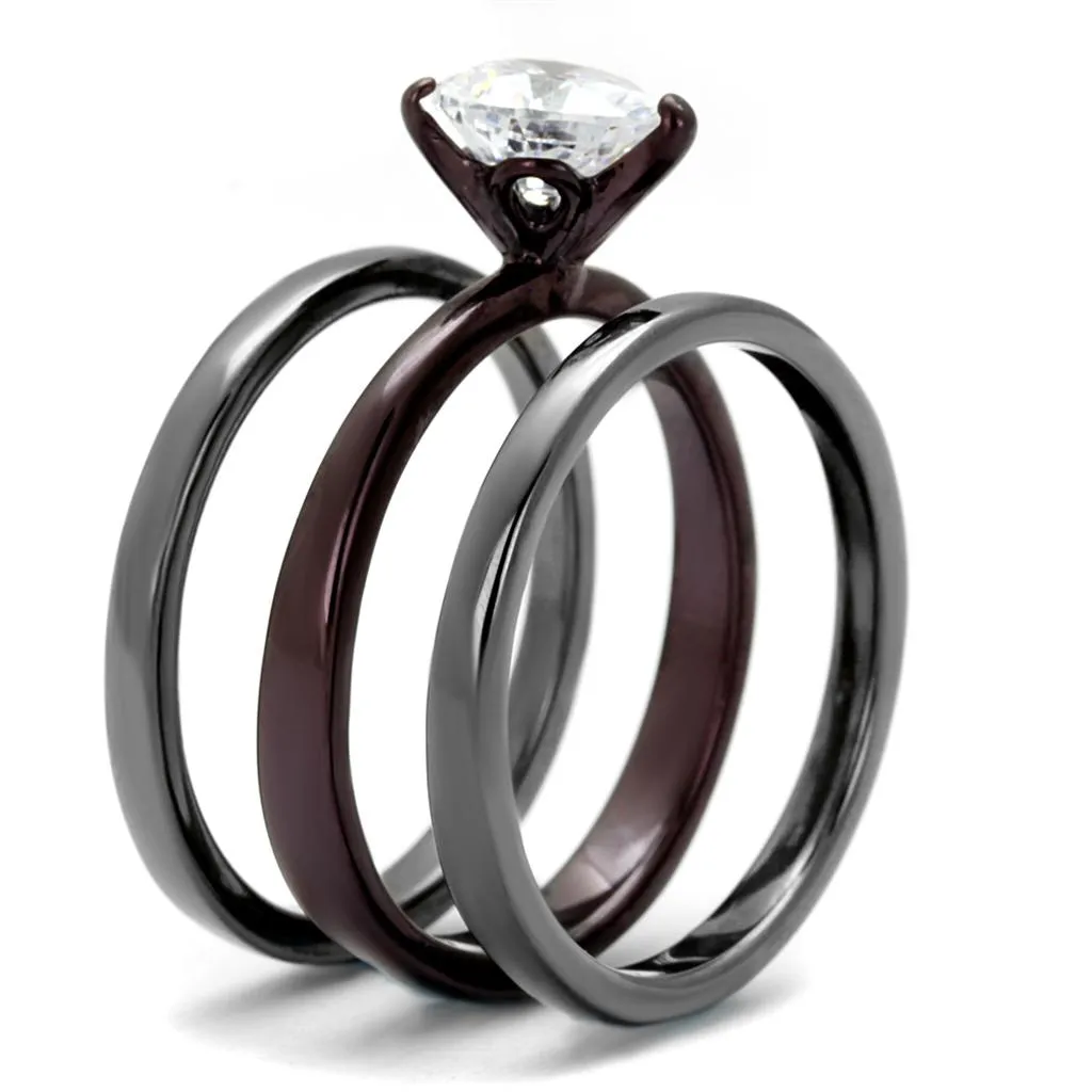 IP Light Black (IP Gun) & IP Dark Brown (IP coffee) Stainless Steel Ring with AAA Grade CZ in Clear for Women Style TK1274DC