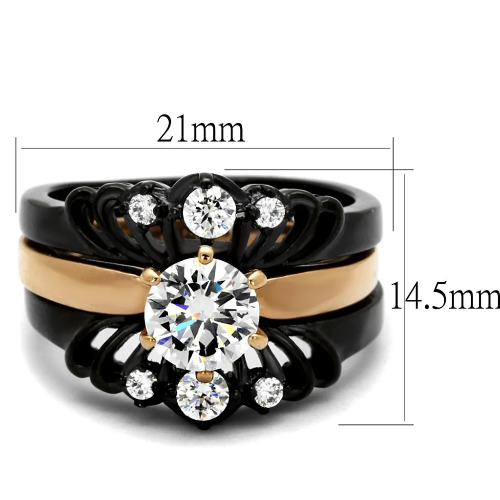 IP Rose Gold  IP Black (Ion Plating) Stainless Steel Ring with AAA Grade CZ in Clear for Women Style TK2189