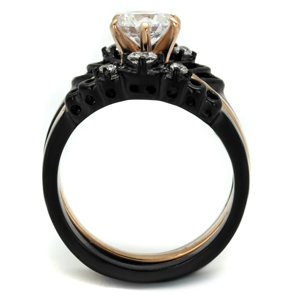 IP Rose Gold  IP Black (Ion Plating) Stainless Steel Ring with AAA Grade CZ in Clear for Women Style TK2189