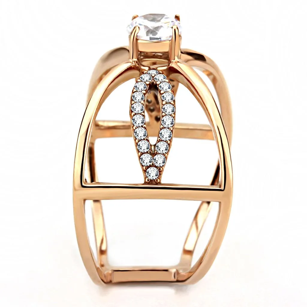 IP Rose Gold(Ion Plating) Stainless Steel Ring with AAA Grade CZ in Clear for Women Style DA169