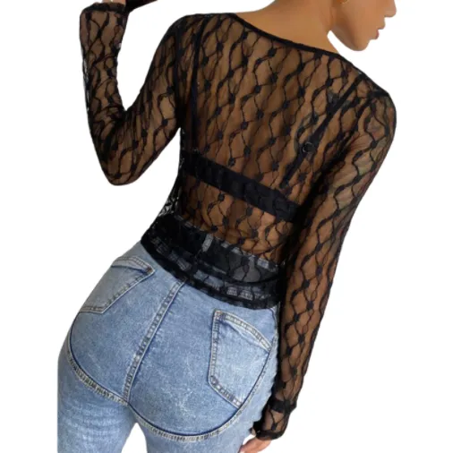 Lace Mesh Crop Top Women with Sleeves