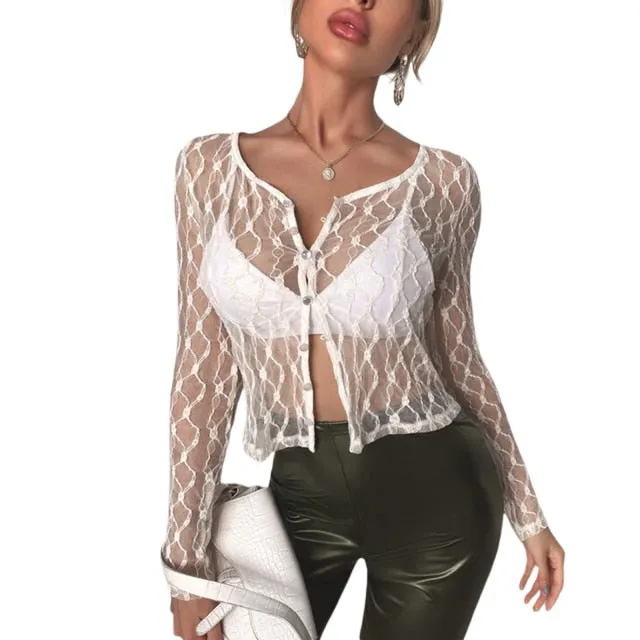 Lace Mesh Crop Top Women with Sleeves