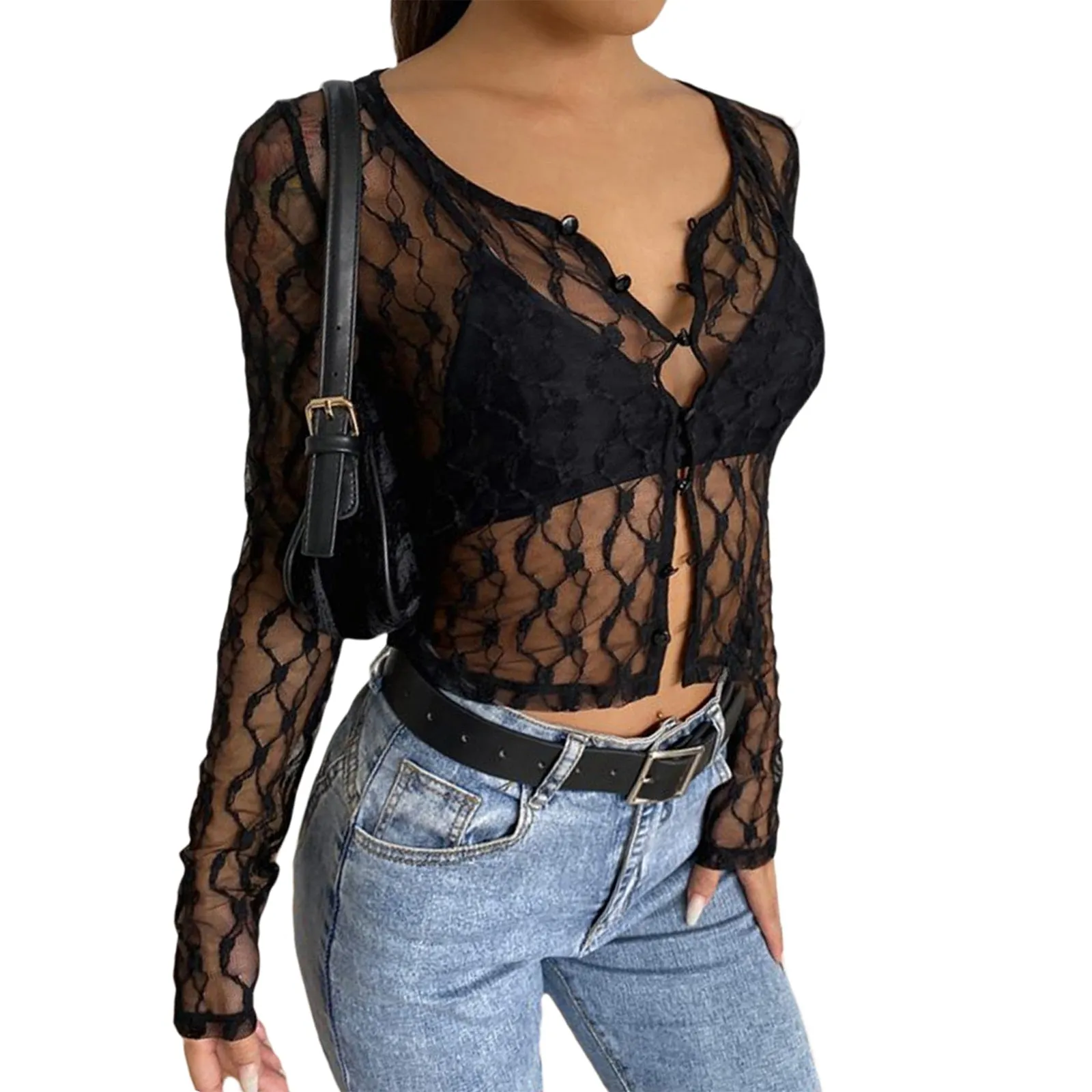 Lace Mesh Crop Top Women with Sleeves