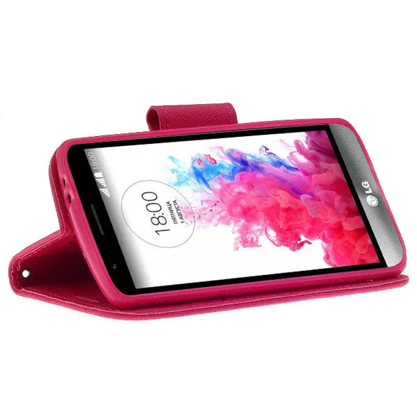 LG G3 s | LG G3 mini | LG G3 Beat | LG G3 Vigor | LG D725 | LG D722 Case, Wrist Strap Flip Folio [Kickstand Feature] Pu Leather Wallet Case with ID & Credit Card Slots - Hot Pink