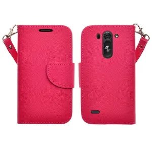 LG G3 s | LG G3 mini | LG G3 Beat | LG G3 Vigor | LG D725 | LG D722 Case, Wrist Strap Flip Folio [Kickstand Feature] Pu Leather Wallet Case with ID & Credit Card Slots - Hot Pink