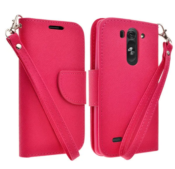 LG G3 s | LG G3 mini | LG G3 Beat | LG G3 Vigor | LG D725 | LG D722 Case, Wrist Strap Flip Folio [Kickstand Feature] Pu Leather Wallet Case with ID & Credit Card Slots - Hot Pink