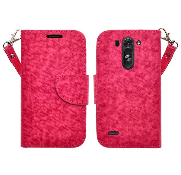 LG G3 s | LG G3 mini | LG G3 Beat | LG G3 Vigor | LG D725 | LG D722 Case, Wrist Strap Flip Folio [Kickstand Feature] Pu Leather Wallet Case with ID & Credit Card Slots - Hot Pink