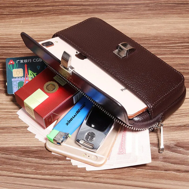 Men Retro Horizontal Soft Leather Multifunction Large Capacity 6/6.5 Inch Phone Bag Belt Waist