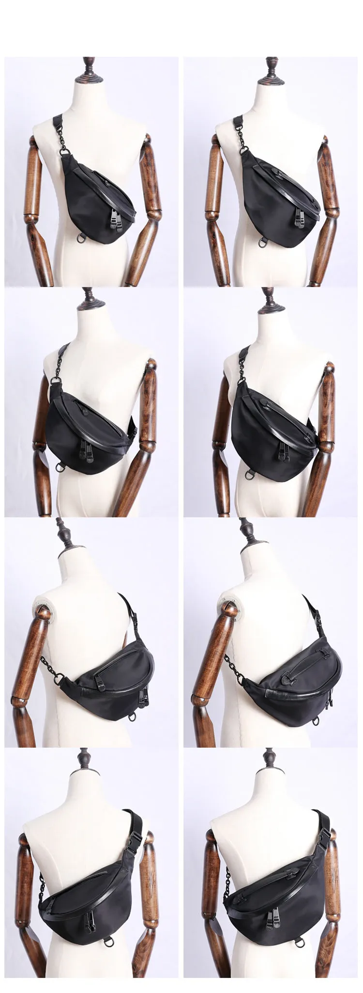 Mens Black Nylon Leather Fanny Pack Nylon Chest Bag Black Womens Hip Bag Nylon Waist Bag For Women