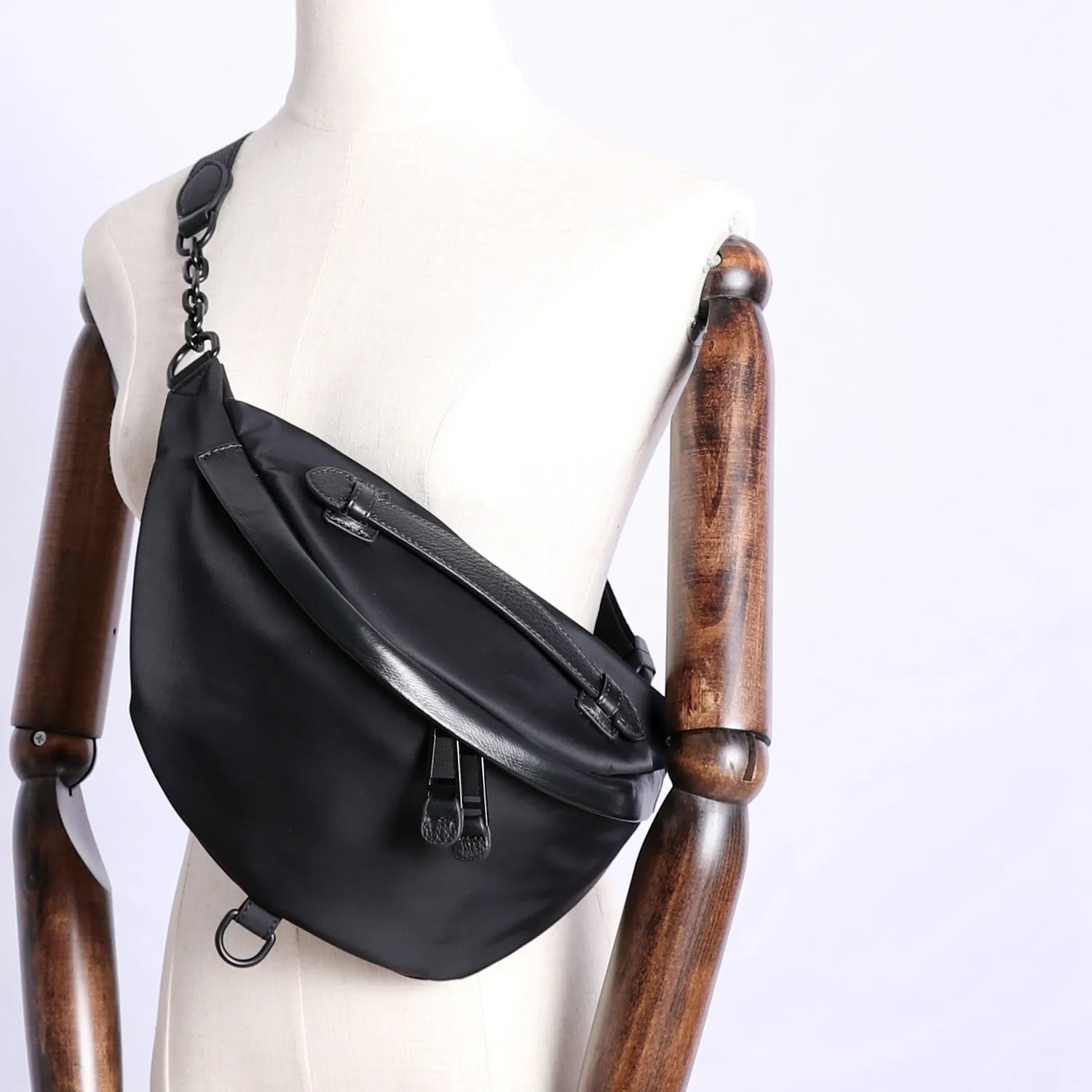 Mens Black Nylon Leather Fanny Pack Nylon Chest Bag Black Womens Hip Bag Nylon Waist Bag For Women