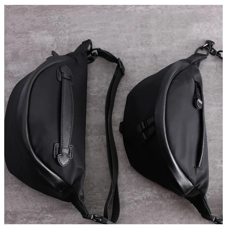 Mens Black Nylon Leather Fanny Pack Nylon Chest Bag Black Womens Hip Bag Nylon Waist Bag For Women