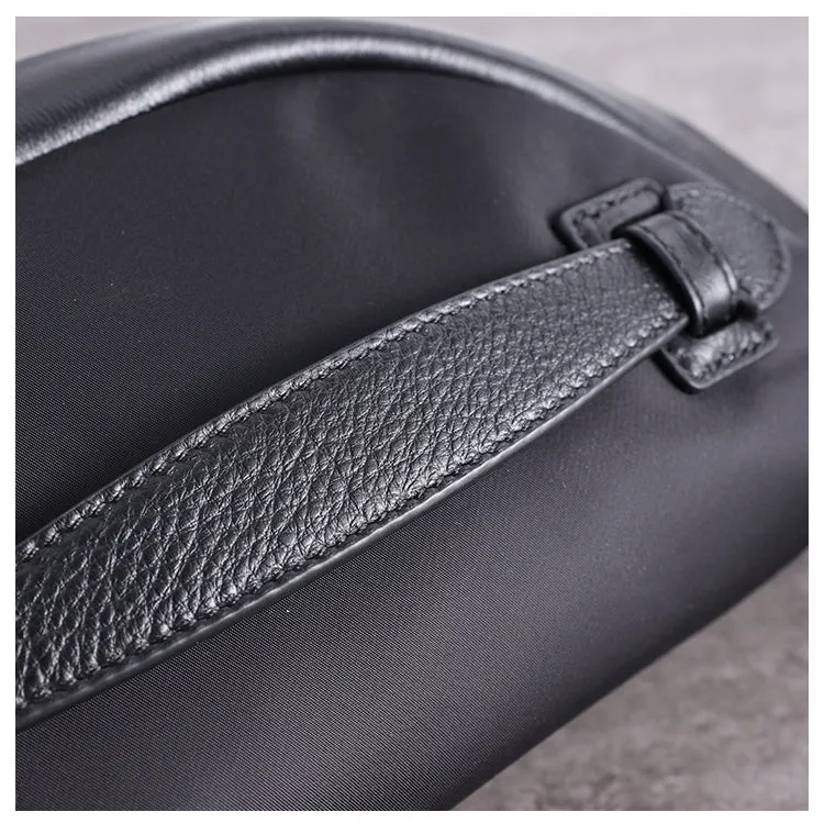 Mens Black Nylon Leather Fanny Pack Nylon Chest Bag Black Womens Hip Bag Nylon Waist Bag For Women