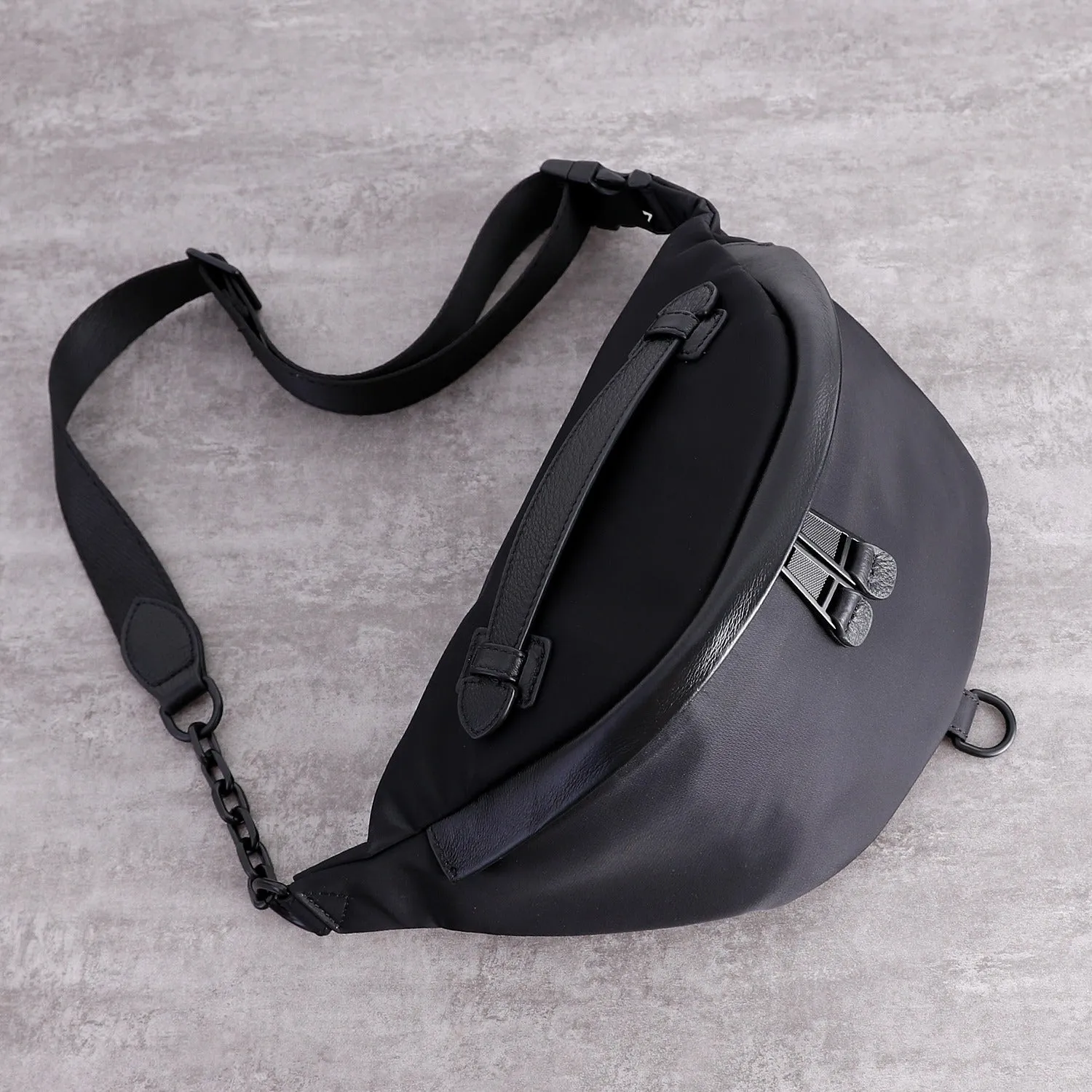 Mens Black Nylon Leather Fanny Pack Nylon Chest Bag Black Womens Hip Bag Nylon Waist Bag For Women