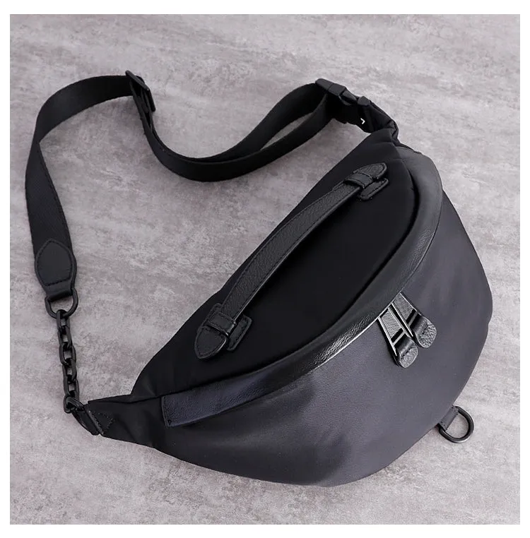 Mens Black Nylon Leather Fanny Pack Nylon Chest Bag Black Womens Hip Bag Nylon Waist Bag For Women