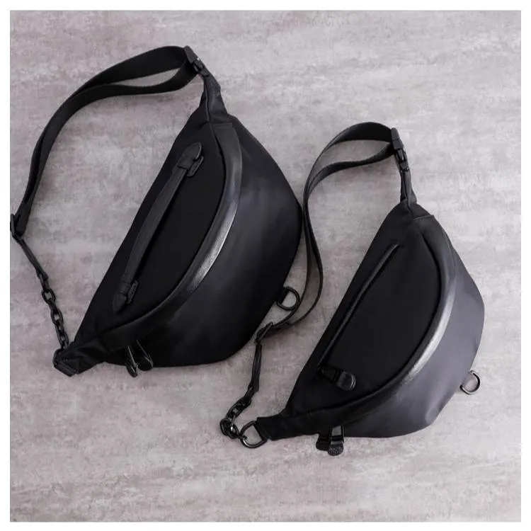 Mens Black Nylon Leather Fanny Pack Nylon Chest Bag Black Womens Hip Bag Nylon Waist Bag For Women