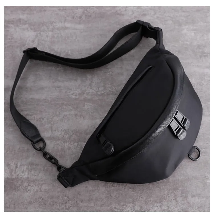 Mens Black Nylon Leather Fanny Pack Nylon Chest Bag Black Womens Hip Bag Nylon Waist Bag For Women