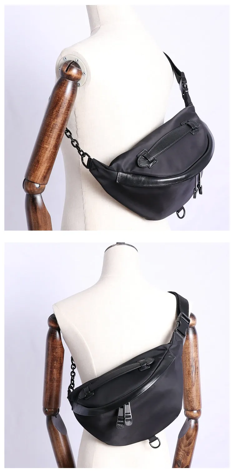 Mens Black Nylon Leather Fanny Pack Nylon Chest Bag Black Womens Hip Bag Nylon Waist Bag For Women