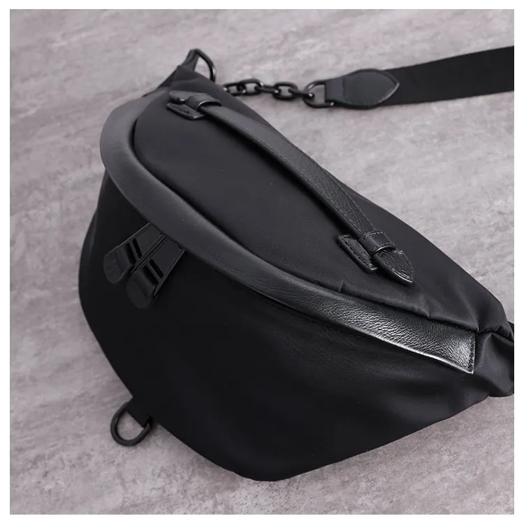 Mens Black Nylon Leather Fanny Pack Nylon Chest Bag Black Womens Hip Bag Nylon Waist Bag For Women