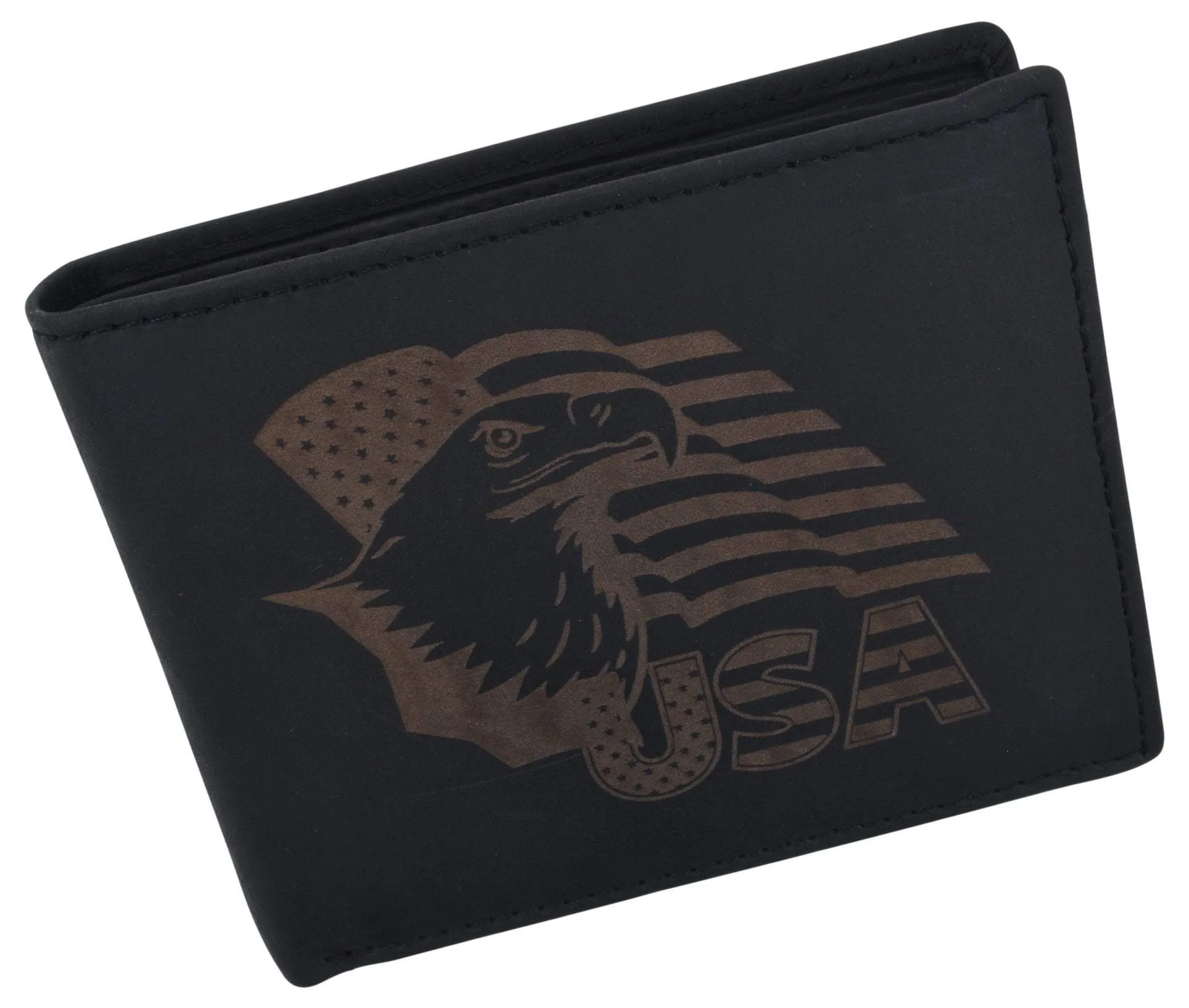 Men's Cowhide Leather USA Flag Eagle Logo RFID Bifold Wallet