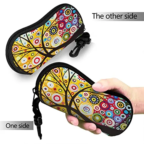 Modern Beauty Colorful Painting Trees Sunglasses Case Ultra Light Portable with Carabiner Zipper Eyeglasses Case Neoprene Soft Case with Belt Clip for Men Women