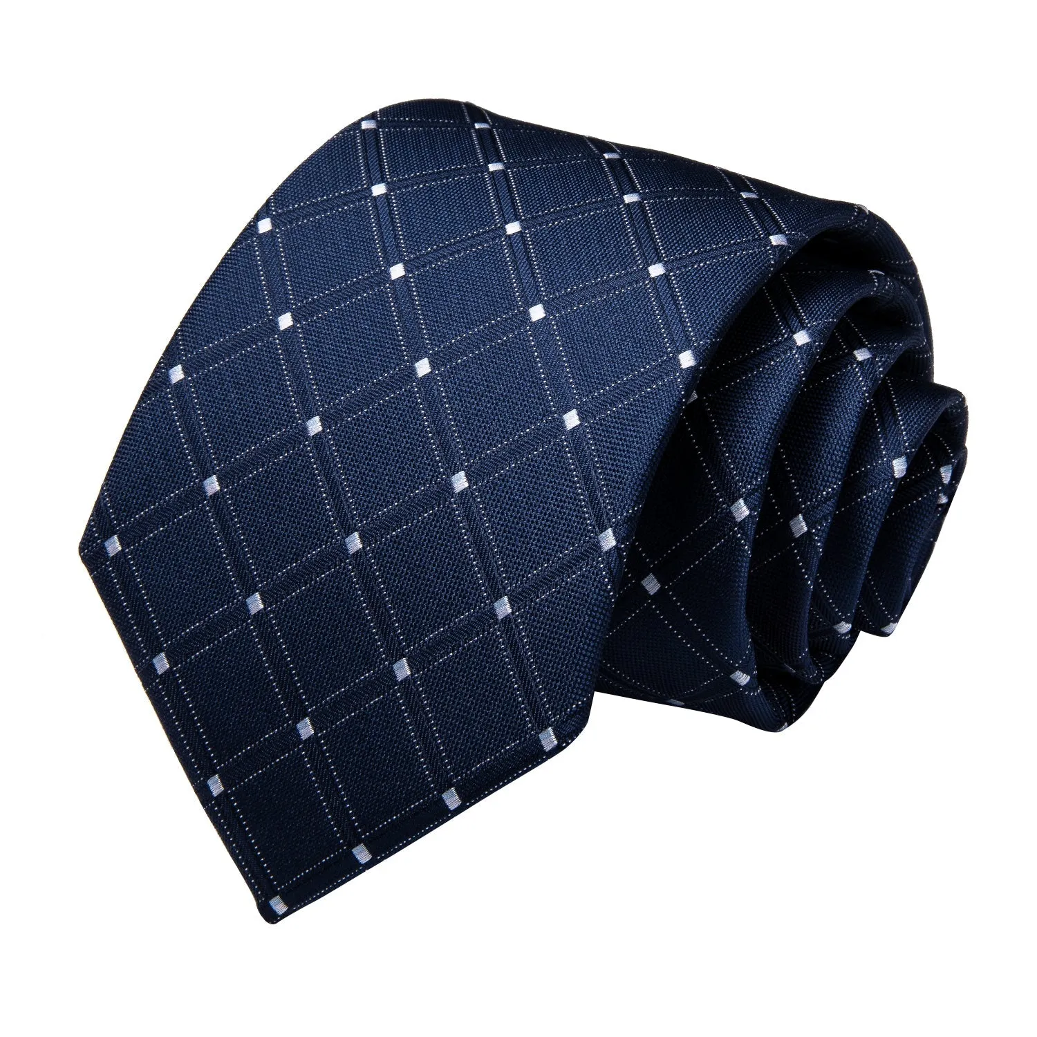 Navy Blue Plaid Tie Pocket Square Cufflinks Set with Spacious Ring