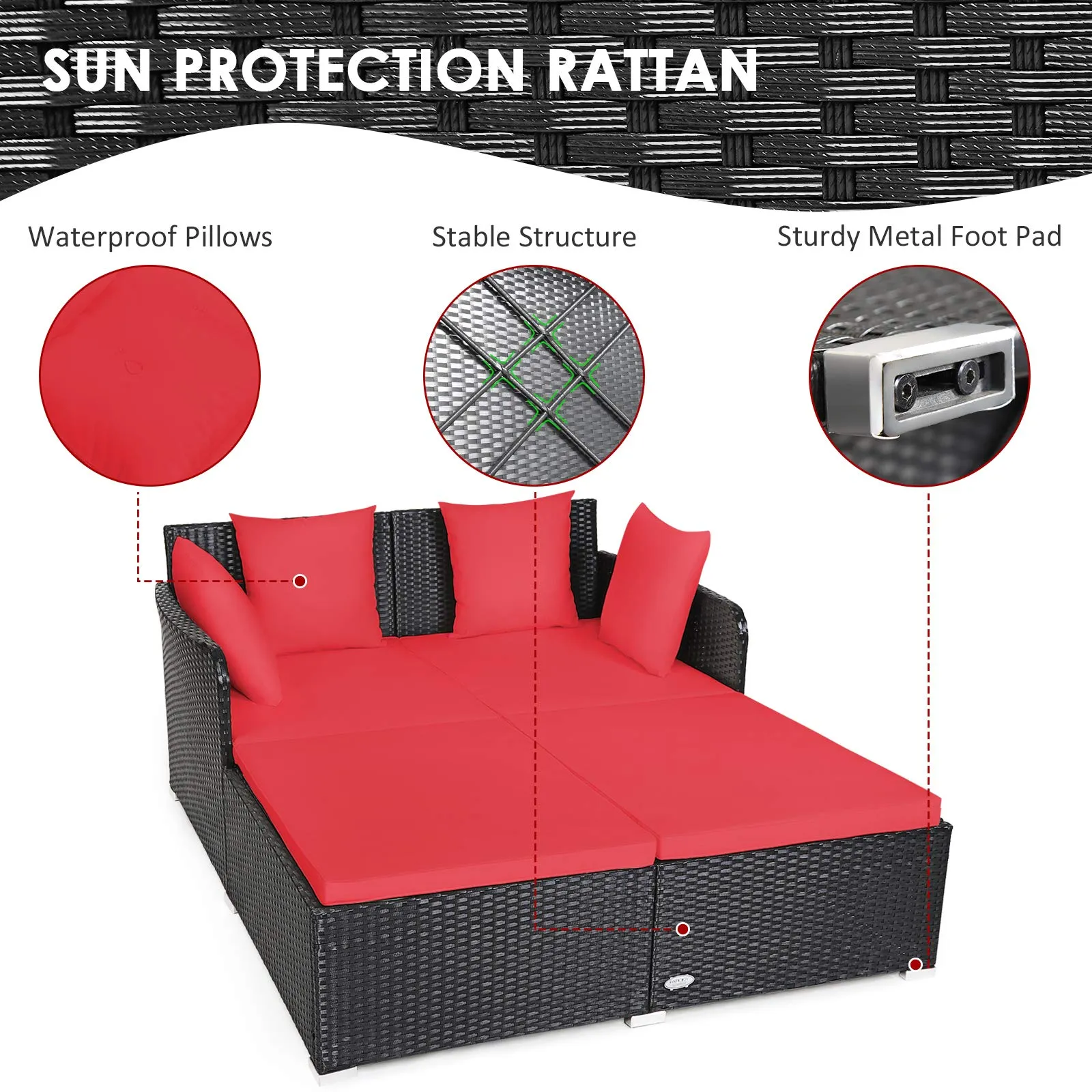 Outdoor Rattan Daybed, Sunbed Wicker Furniture w/Spacious Seat