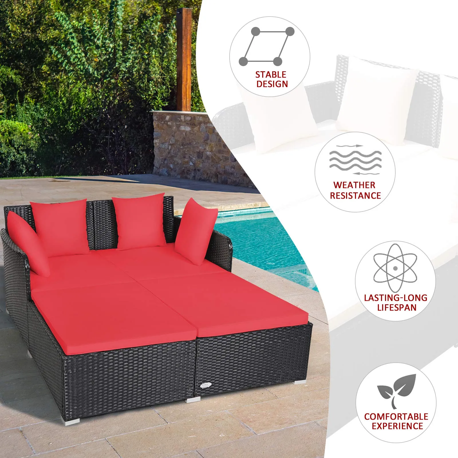 Outdoor Rattan Daybed, Sunbed Wicker Furniture w/Spacious Seat