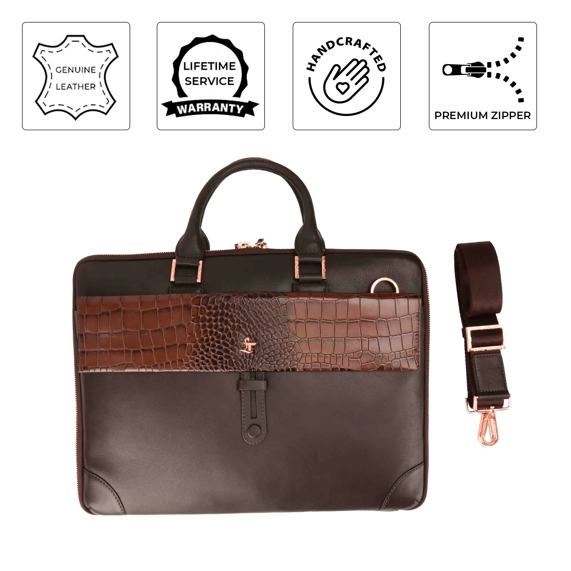 Ready to Ship Luxury Corporate Gift |  Loop II Rose Gold Fitting Leather Laptop Bag for Men | Brown