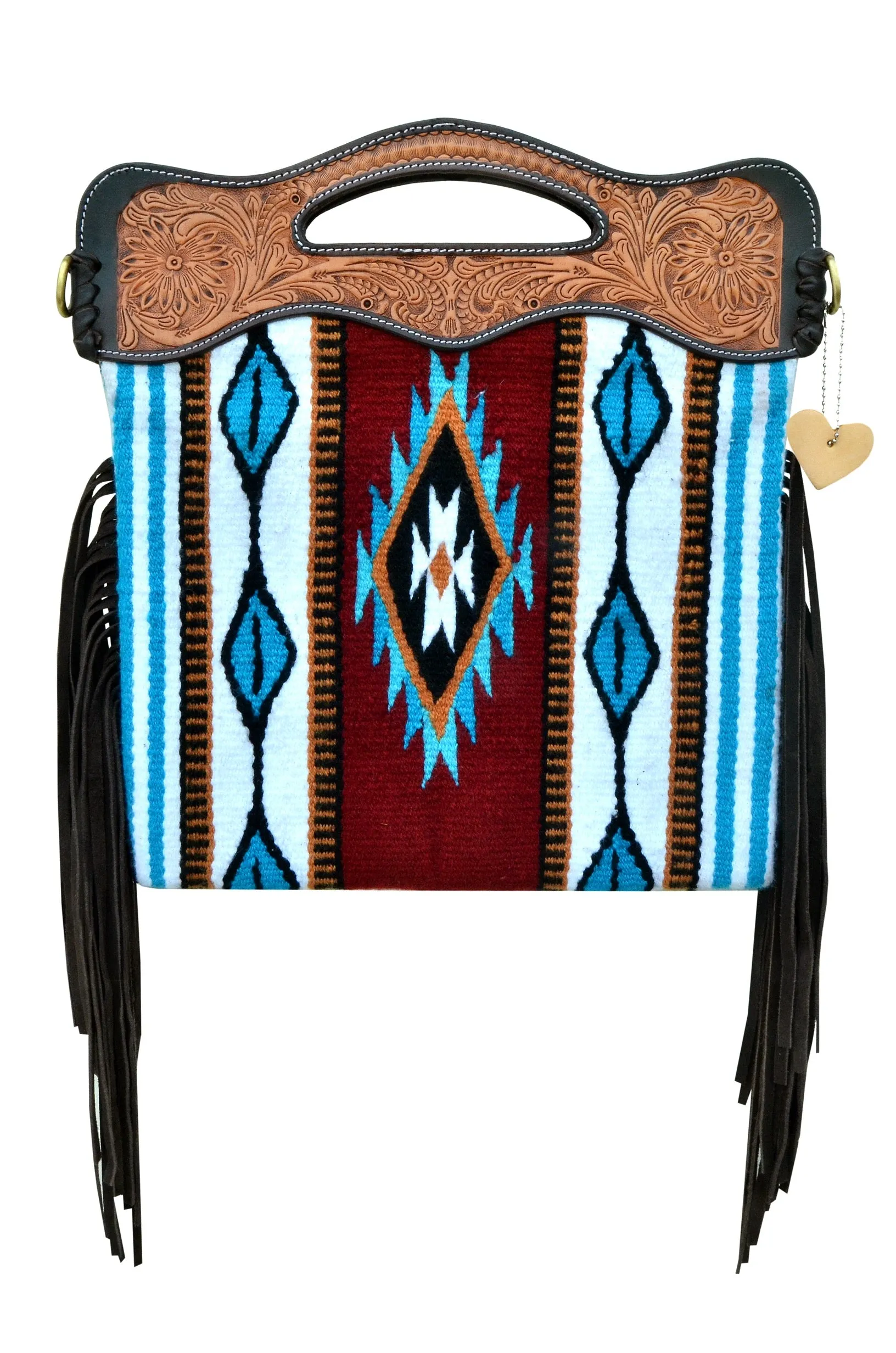 Saddle Blanket Western Style Bag with Fringes,  Tooled Strap and Tooled Handle Panels 20AB007