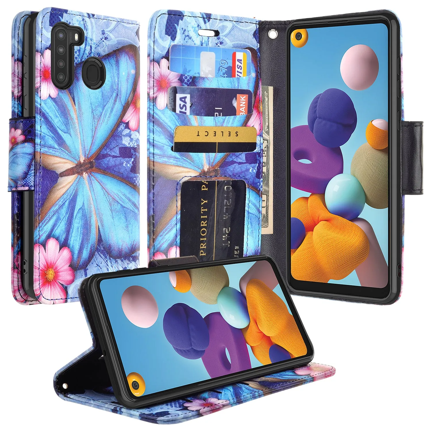 Samsung Galaxy A21 Case, Galaxy A21 Wallet Case, Wrist Strap Pu Leather Wallet Case [Kickstand] with ID & Credit Card Slots - Blue Butterfly