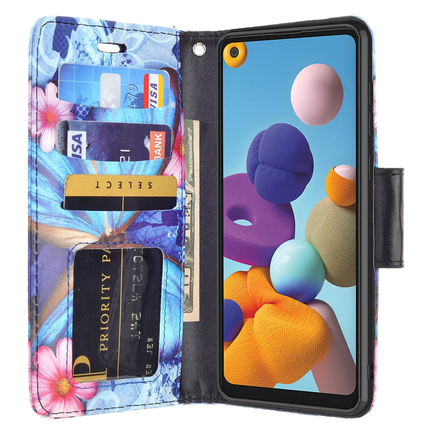 Samsung Galaxy A21 Case, Galaxy A21 Wallet Case, Wrist Strap Pu Leather Wallet Case [Kickstand] with ID & Credit Card Slots - Blue Butterfly