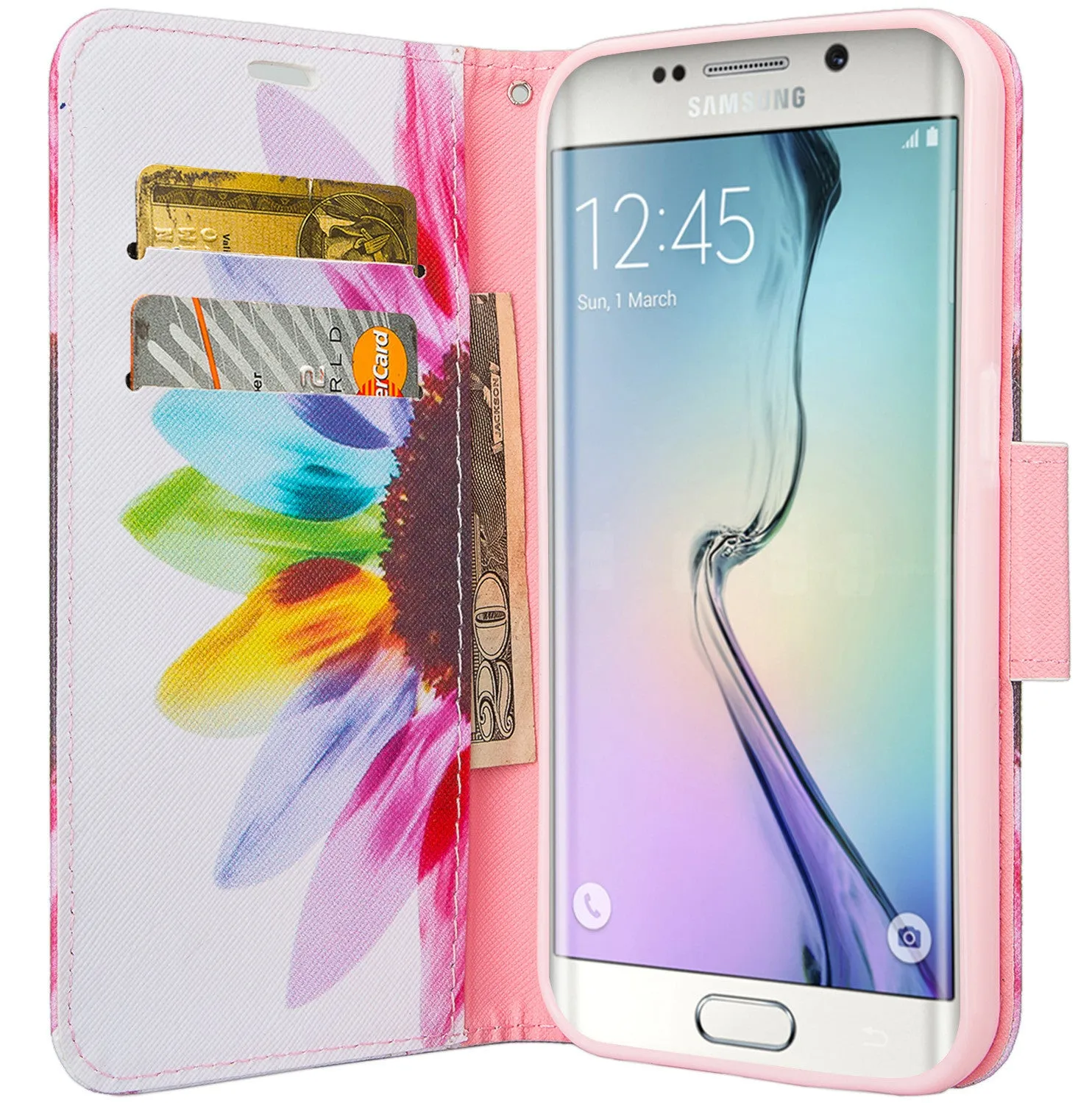 Samsung Galaxy S6 Edge Plus Case, Wrist Strap Magnetic Flip Fold[Kickstand] Pu Leather Wallet Case with ID & Card Slots - Vivid Sunflower