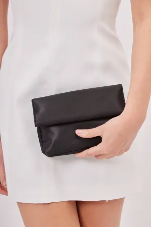 Satin Roll Top Clutch Bag in Black