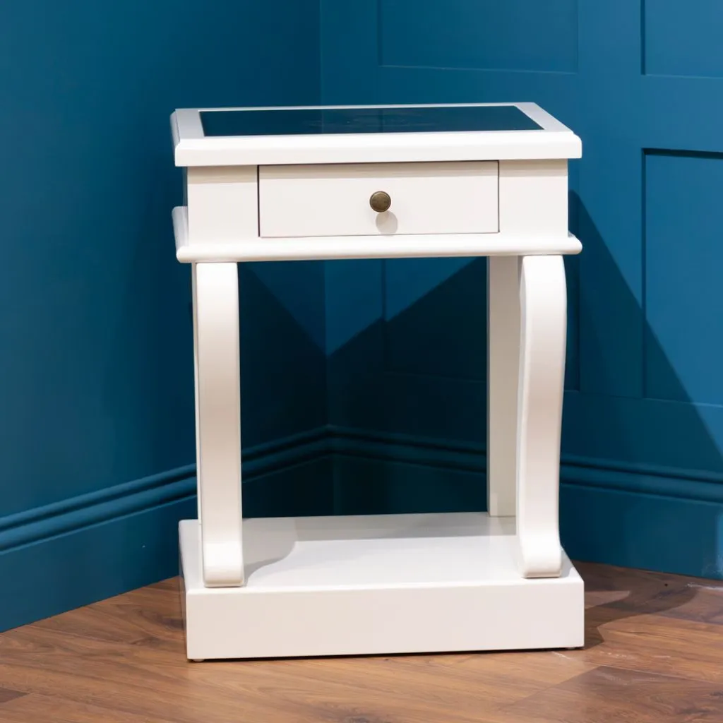 Scroll Ivory 1-Drawer Mirrored Top End Table by Tara Lane